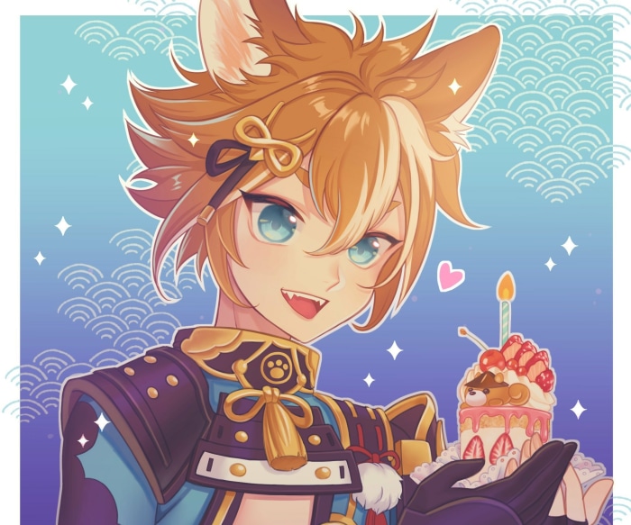 Gorou from Genshin Impact holding a birthday cake