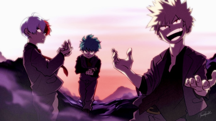 Izuku Midoriya, Katsuki Bakugou, and Shoto Todoroki from My Hero Academia 4K