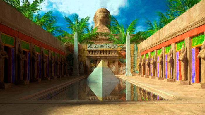 Ancient Egyptian Courtyard with Sphinx and Pyramid