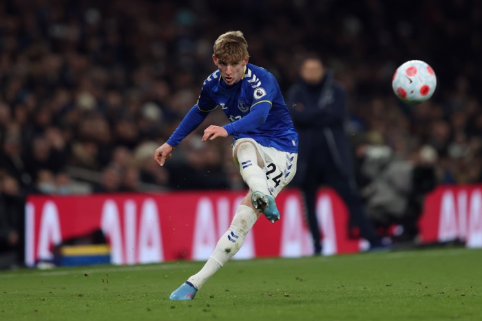 Anthony Gordon from Everton F.C. kicks a soccer ball