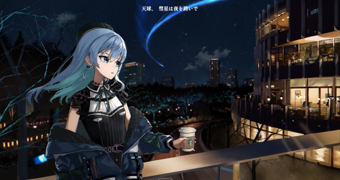 Anime girl with blue hair holding coffee cup at night
