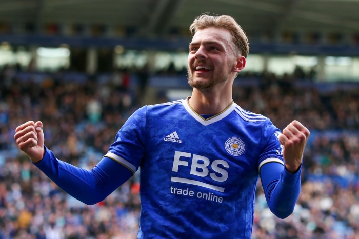 Kiernan Dewsbury-Hall celebrating a goal for Leicester City