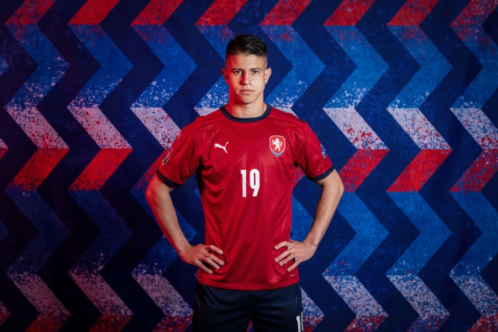 Adam Hložek wearing Czech Republic football kit