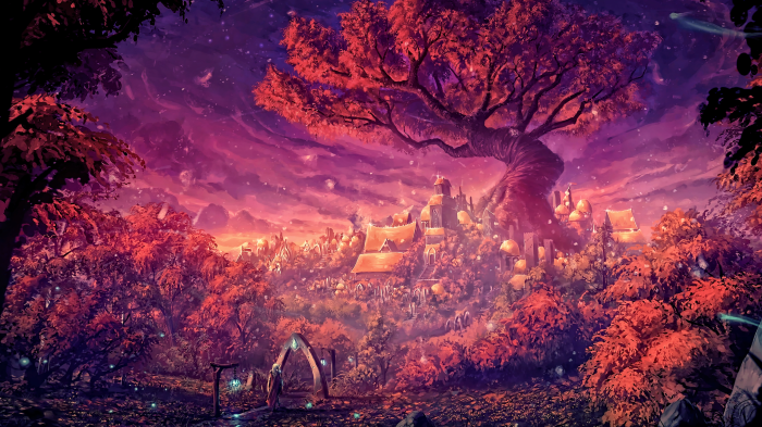 Fantasy city with a large tree and red foliage