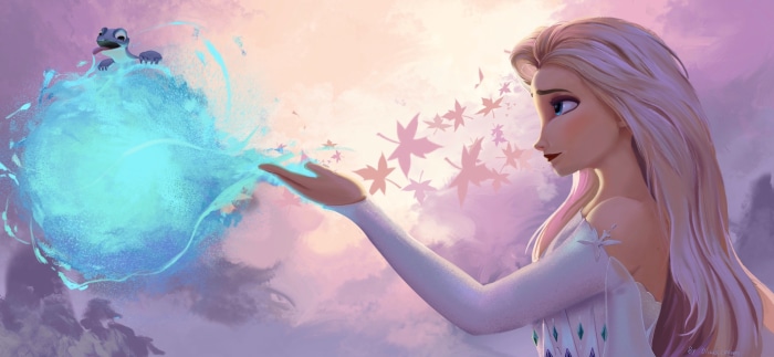 Elsa from Frozen with a salamander