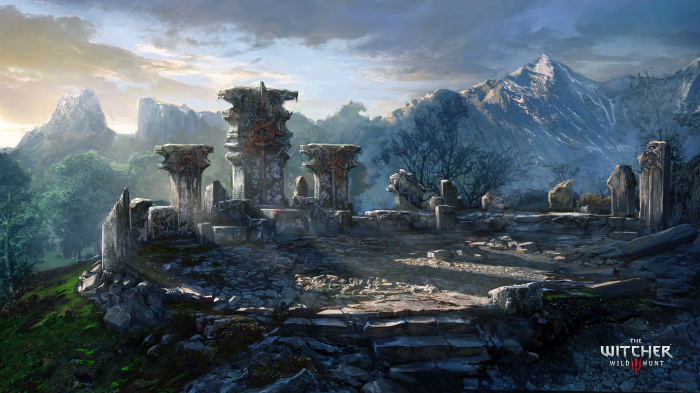 Ruins of an ancient structure in a mountainous landscape from The Witcher 3: Wild Hunt