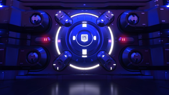 Epic Games logo on a futuristic blue and purple background