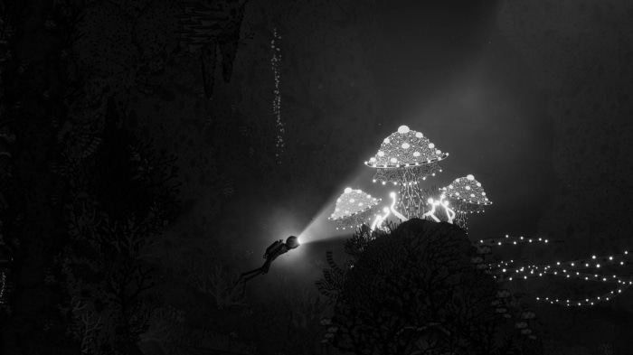 Scuba diver explores glowing mushroom forest in Silt 4K