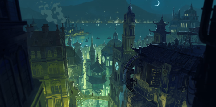 Cityscape at night with crescent moon