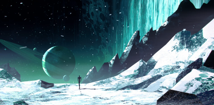 Alien landscape with a lone figure and planets