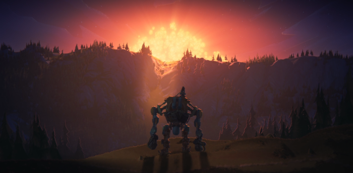 Robot in a mountain landscape at sunset