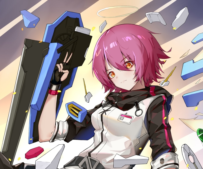Exusiai from Arknights holding a shield