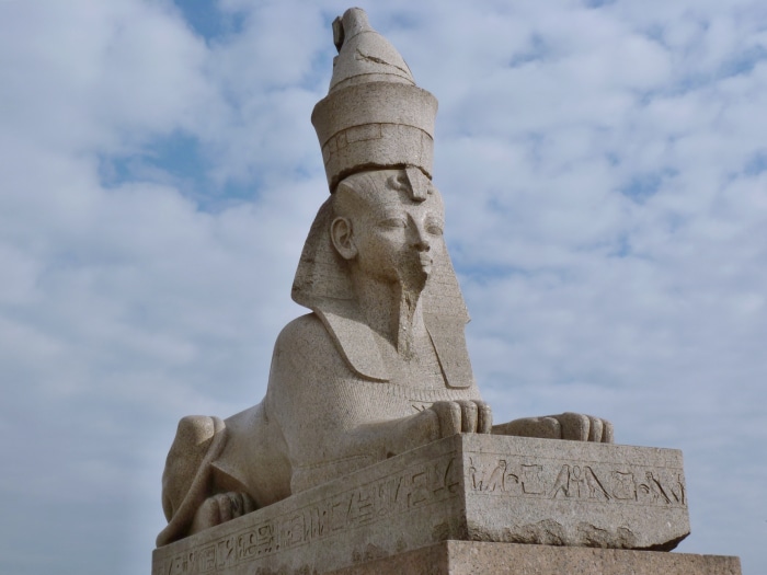 Sphinx statue against cloudy sky in St. Petersburg, Russia