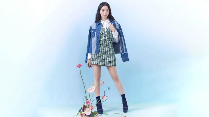 Kim Ji-soo in a green tweed dress and denim jacket