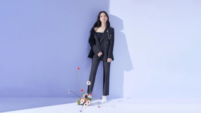 Kim Ji-soo in Stylish Black Suit with Flowers