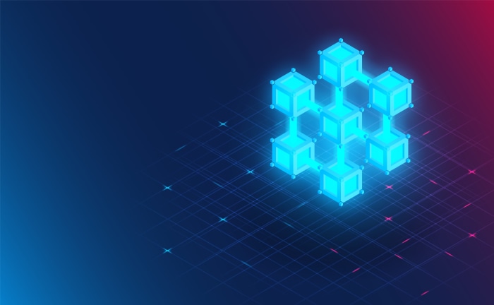 Blockchain network of glowing cubes on a grid