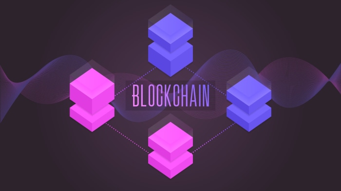 Blockchain network with abstract cubes and waves