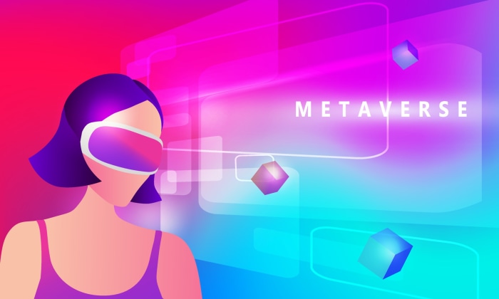 Woman wearing VR headset in Metaverse