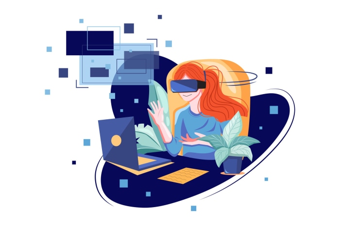 Girl using VR headset with laptop and plants