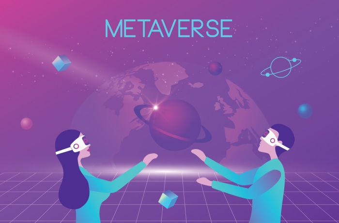 Metaverse with people in VR headsets and planets