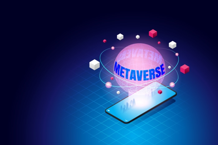 Metaverse concept with smartphone and floating cubes