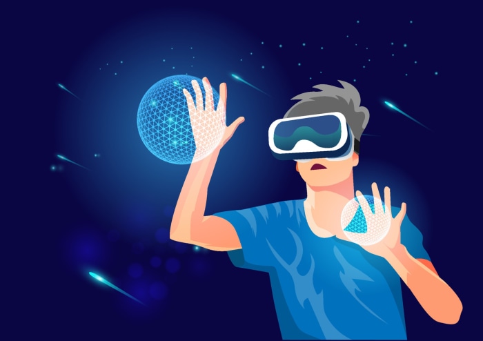 Man wearing VR headset interacting with digital sphere