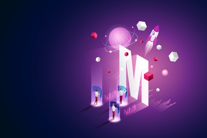 Metaverse concept with 3D letter M and rocket