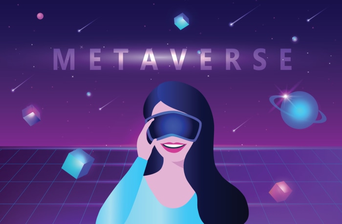 Metaverse with VR headset and space elements