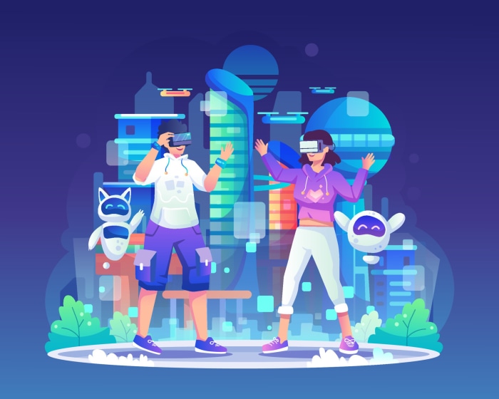 People using VR headsets in a futuristic city