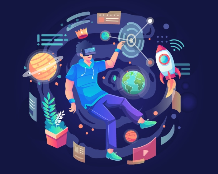 Man in VR headset exploring a digital universe