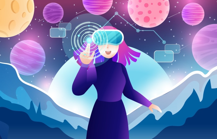 Woman in VR headset interacting with futuristic interface