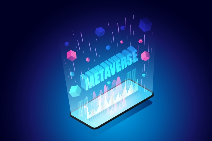 Metaverse concept with 3D cubes and charts on a phone