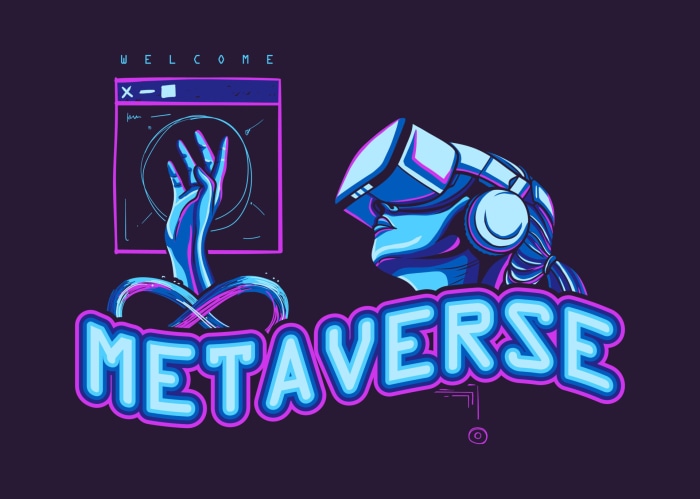 Metaverse illustration with VR headset and hand