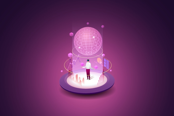 Man interacting with holographic data and globe