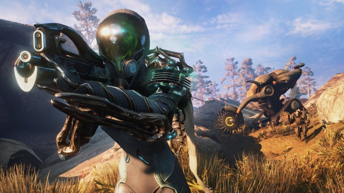 Warframe character with weapon and vehicle