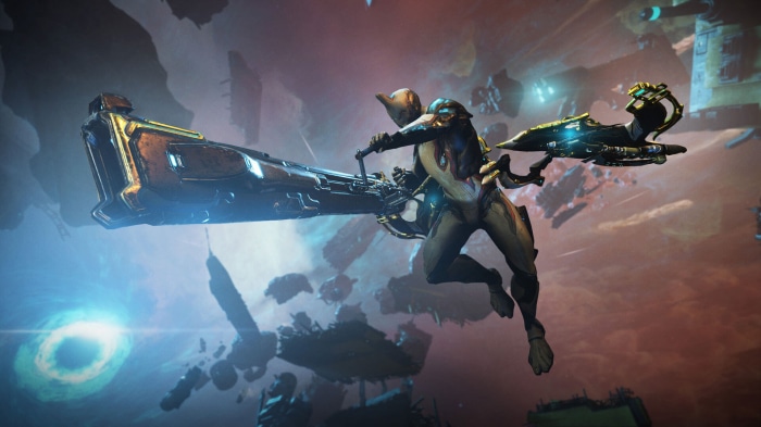 Warframe character with large weapon in space