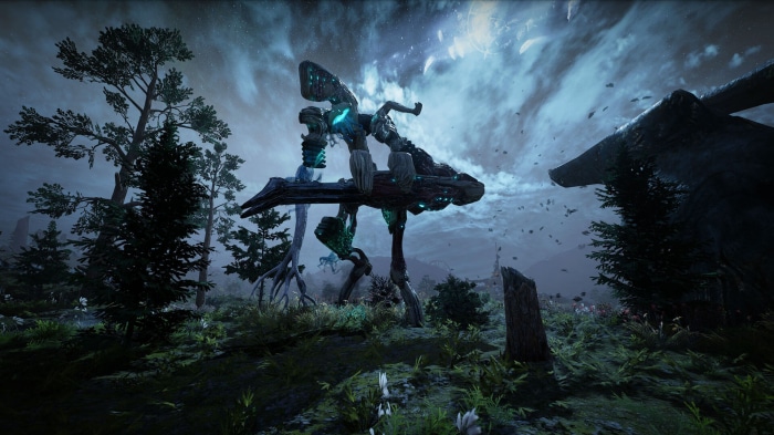 Warframe creature in a dark forest