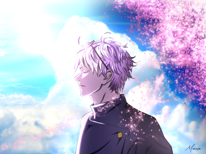 Satoru Gojo from Jujutsu Kaisen with cherry blossoms