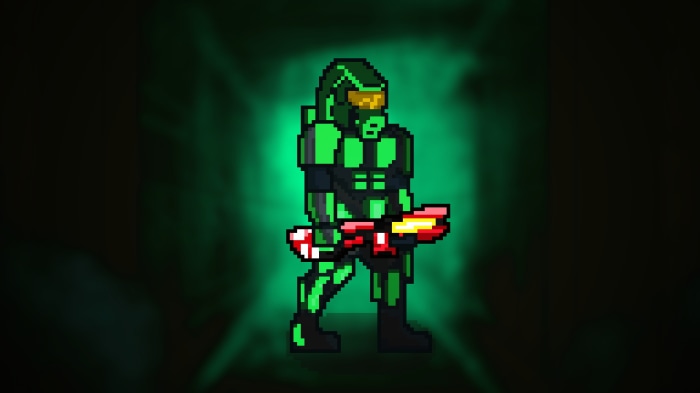 Pixelated soldier in green armor holding a weapon