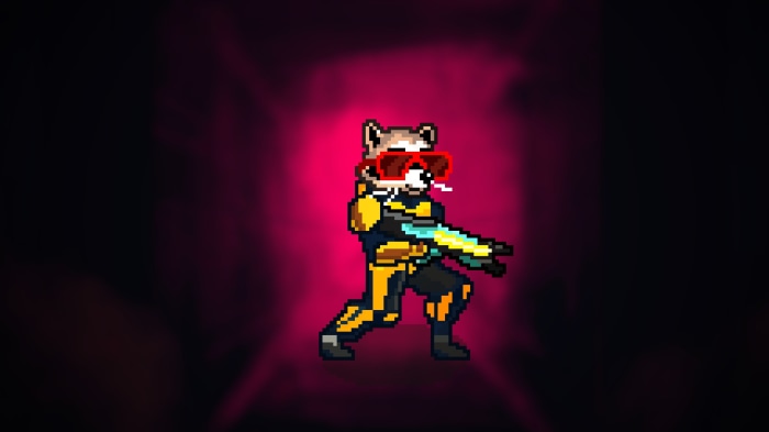 Pixelated raccoon in sunglasses holding a gun