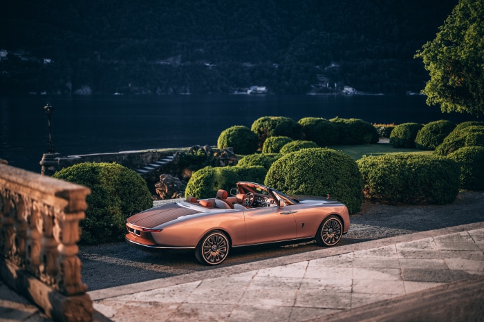 Rolls-Royce Boat Tail convertible by a lake