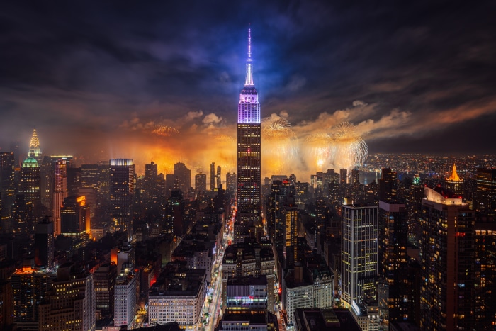 Fireworks over New York City at night