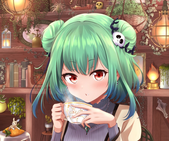 Uruha Rushia from Hololive drinking tea