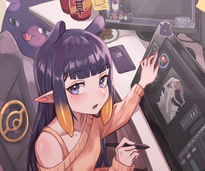 Ninomae Ina'nis from Hololive drawing on a tablet
