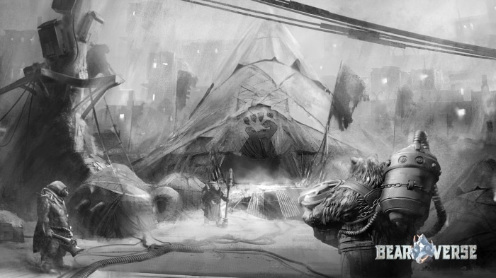 Bearverse concept art of a post-apocalyptic settlement
