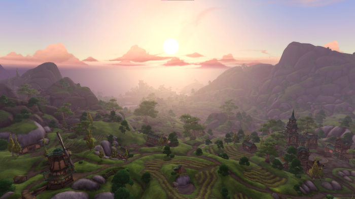 World of Warcraft Stormsong Valley landscape at sunrise