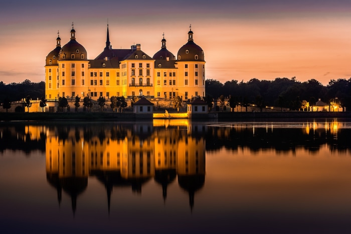 Moritzburg Castle reflection at sunset, Saxony, Germany