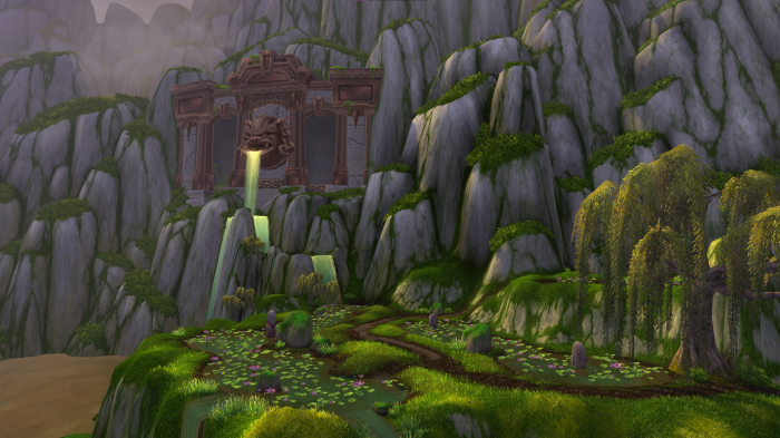 World of Warcraft Pandaria mountain temple with waterfalls