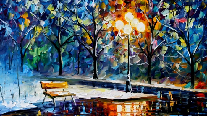 Impressionist painting of a park bench and street lamp