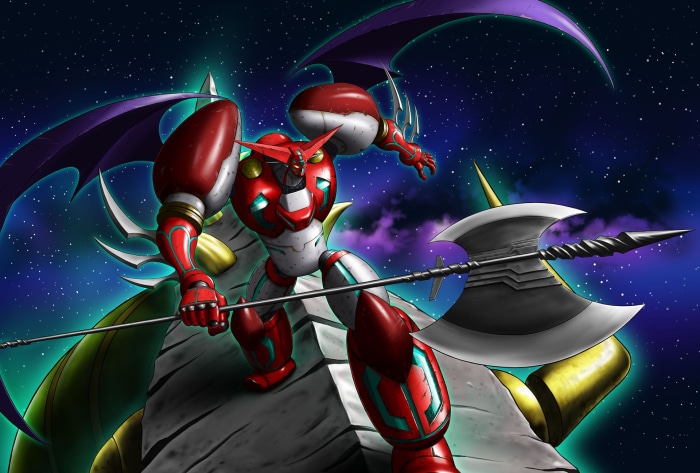 Shin Getter 1 robot with axe in space